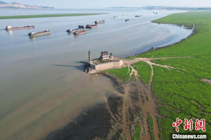 8月11日，位于江西鄱阳湖水域的“千年石岛”落星墩全部露出水面。徐成 摄